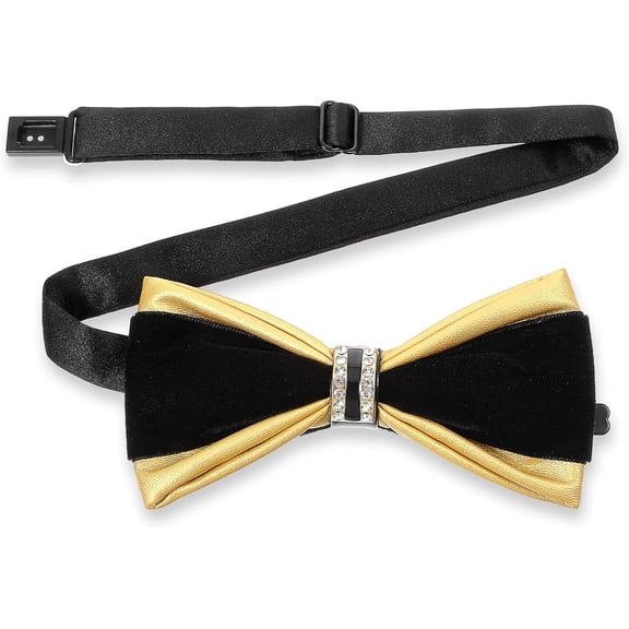 Telooco PU Leather Bow Ties for Men - Black Gold Pre-Tied Bowtie with Rhinestone - Adjustable Tuxedo Bow Tie for Prom Wedding Party