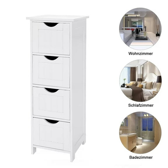 SONGMY White Bathroom Storage Cabinet with 4 Drawers Wooden Freestanding Slim Bathroom Floor Cabinet Small Side Organizer Storage Unit for Restroom Livng Room Kitchen Office Hallway Entryway