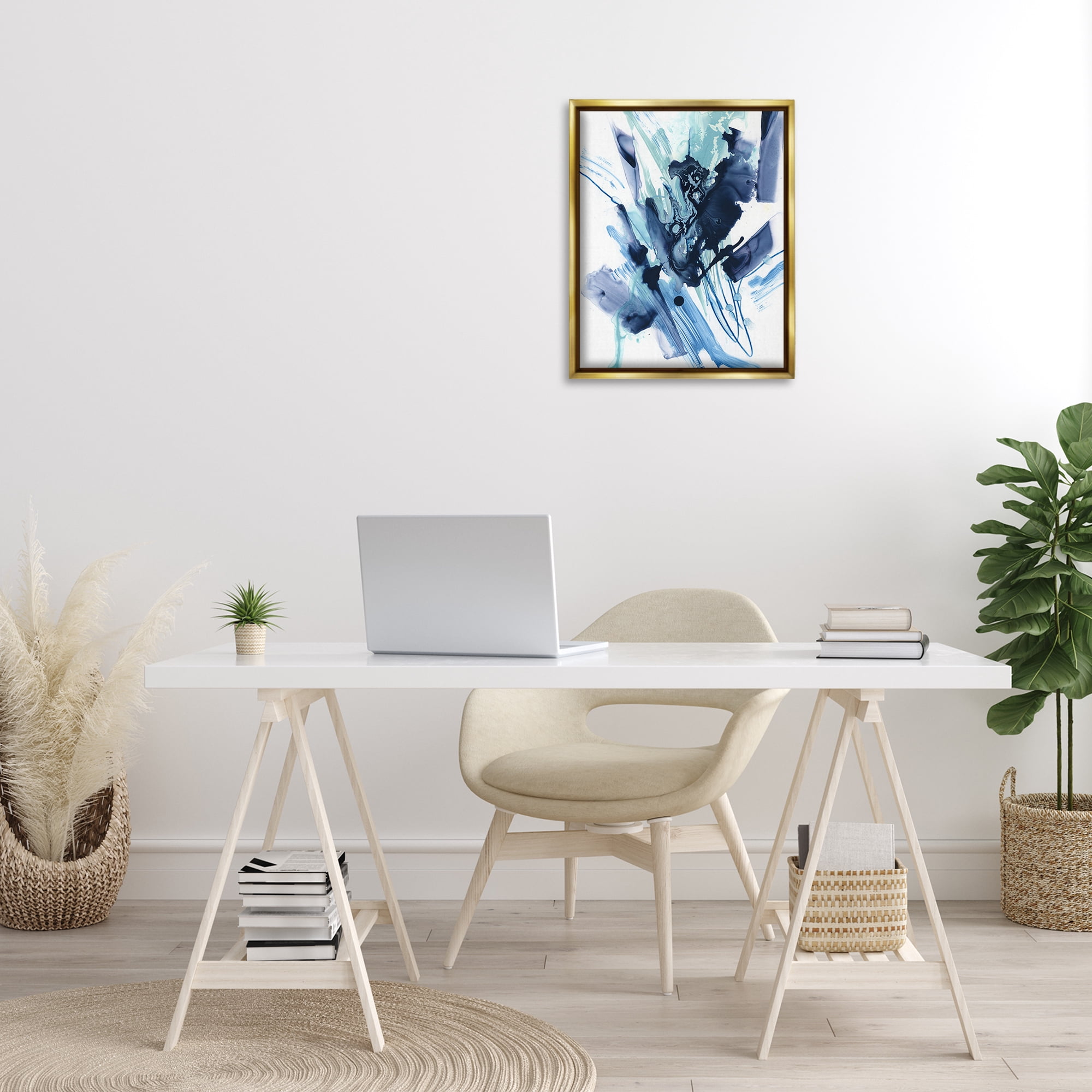 Stupell Industries Restless Blue Splash Abstract Painting Gold Floater Framed Canvas Art Print Wall Art, 17 x 21