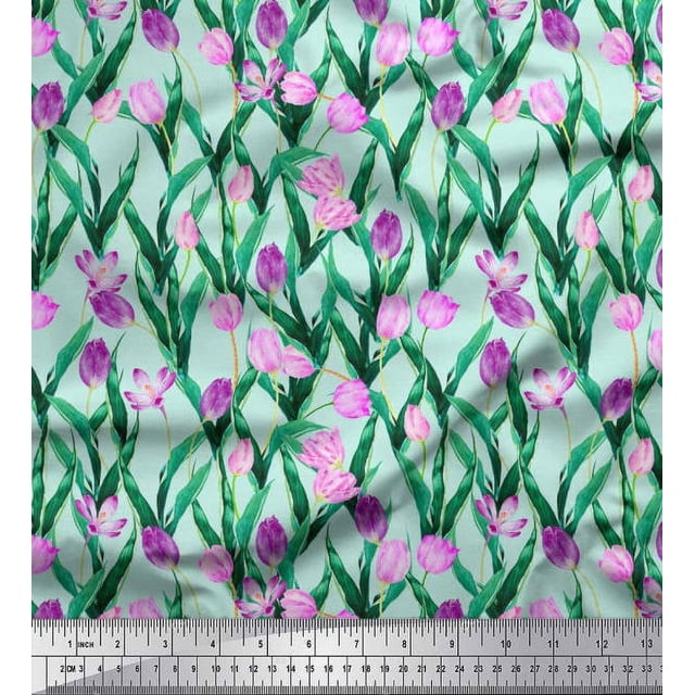 Soimoi Georgette Viscose Fabric Leaves & Tulip Floral Decor Fabric Printed Yard 42 Inch Wide