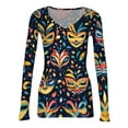 thumbnail image 4 of Womens Mardi Gras Shirts Sequins Feathers Print V Neck Tops Mask Print Long Sleeve Party Tunic Tops Sky Blue 2XL, 4 of 7