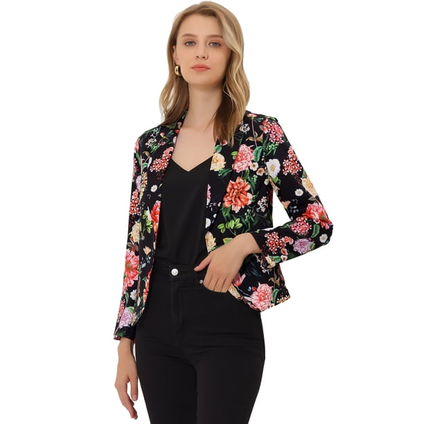 Chaqueta abierta de la chaqueta del traje de la cosecha del trabajo de la oficina del frente de las mujeres Negro Rojo-floral M