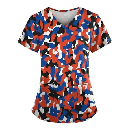 

Sksloeg Scrub Tops Women Patriotic American Flag Print Patriotic Top Comfort Scrubs Women s V-Neck Workwear Short Sleeve Shirts Nursing Working Uniform Hot Pink XXL