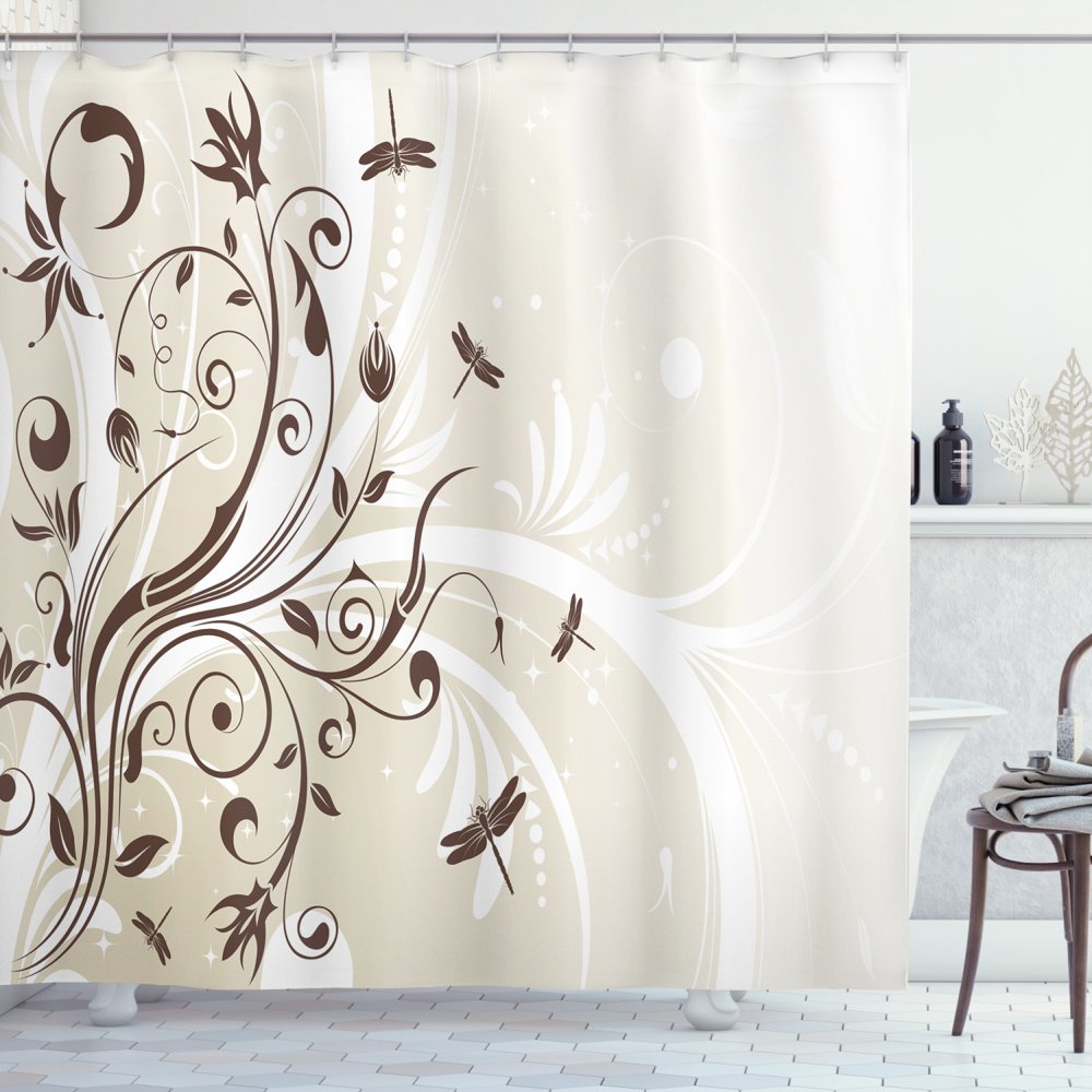 Dragonfly Shower Curtain, Seasonal Flourishing Flower Petals Swirled