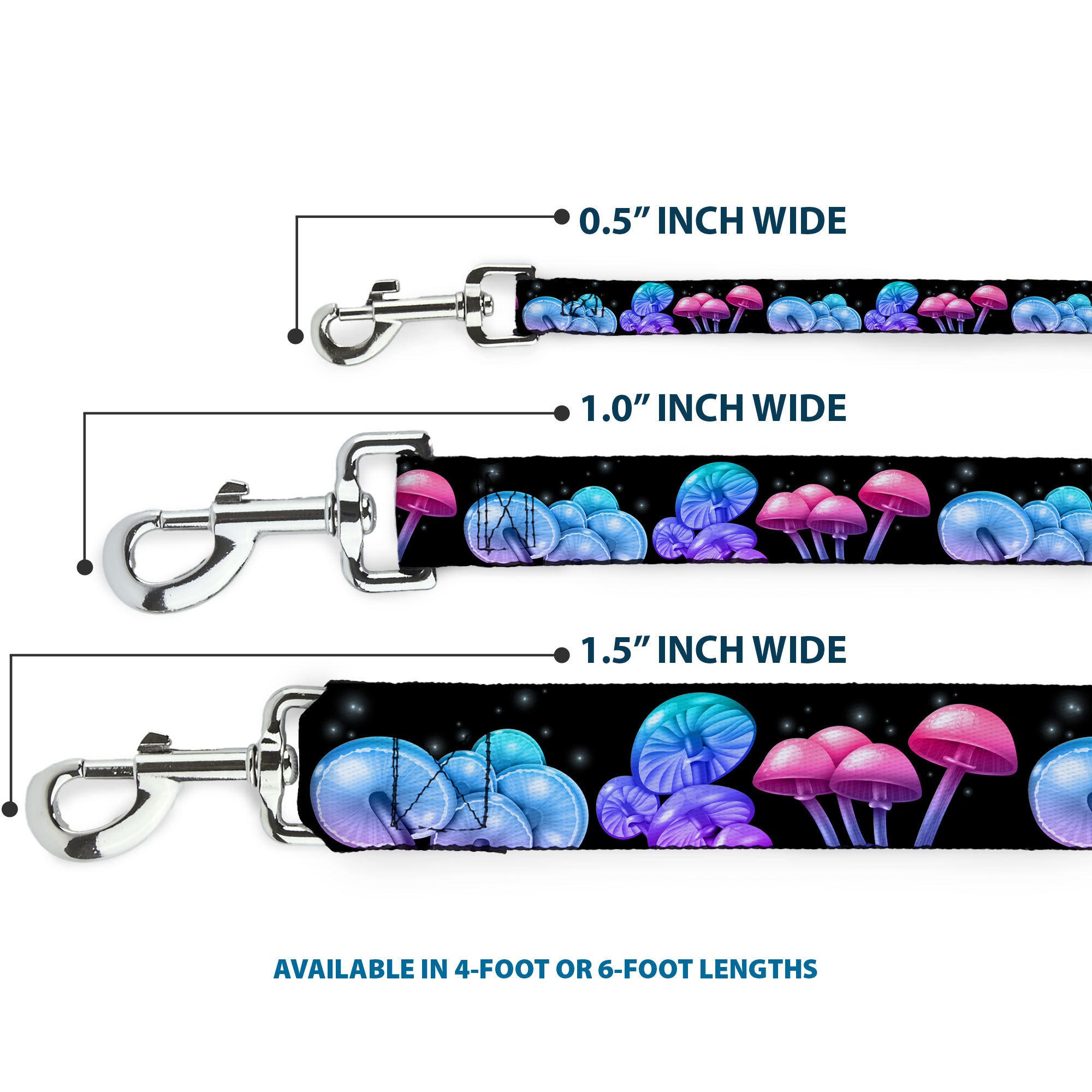 Buckle-Down Pet Leash, Dog Leash, Mushroom Glow Black Multi Color, 6 Feet Long 1.0 Inch Wide