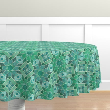 

Cotton Sateen Tablecloth 70 Round - Teal Tiles Moroccan Geometric Mosaic Blue Green Print Custom Table Linens by Spoonflower
