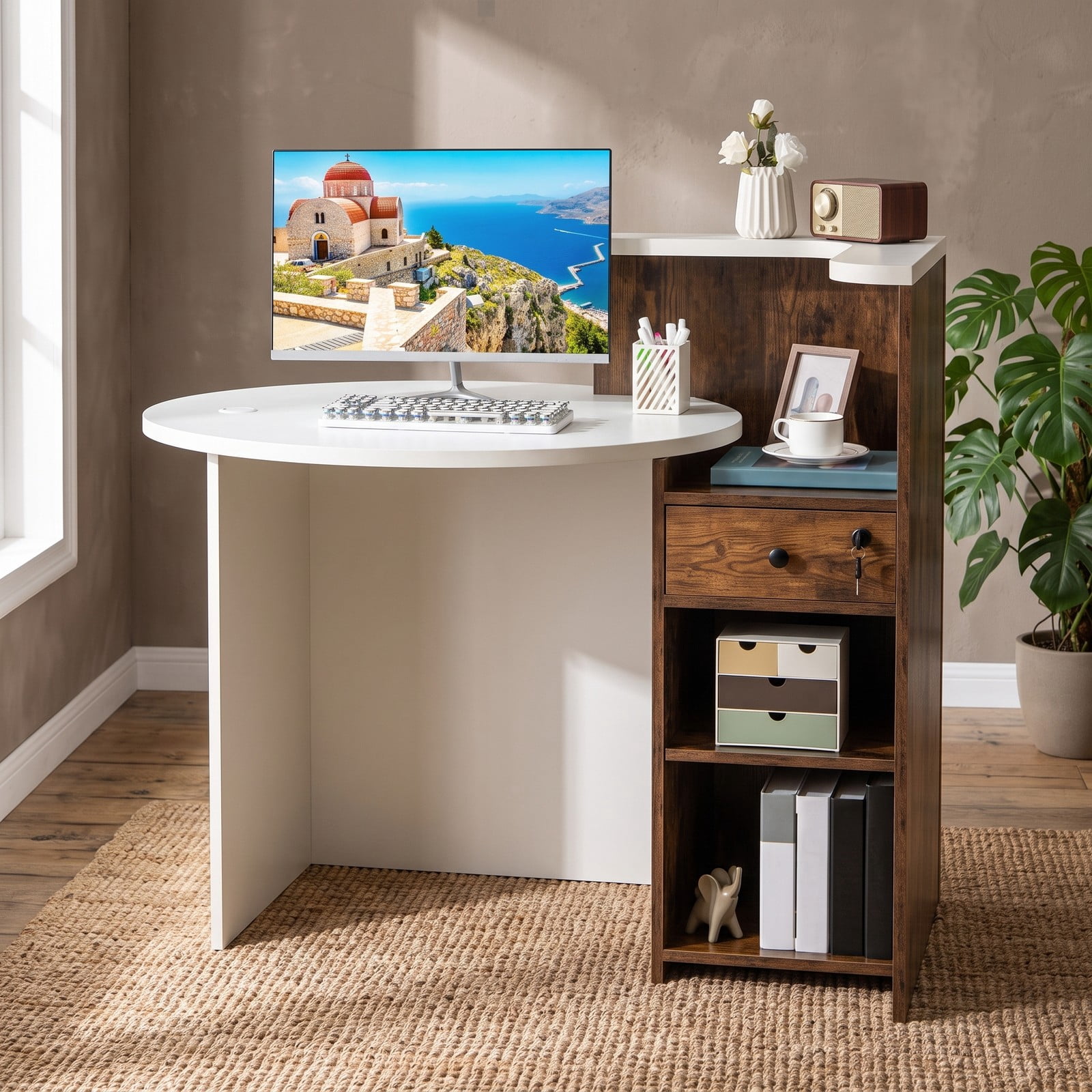 Furnibear Reception Office Desk, L-Shaped Front Desk Reception Counter with Lockable Drawer, Adjustable Open Shelf and Bottom Storage for Office, Rustic Brown & White