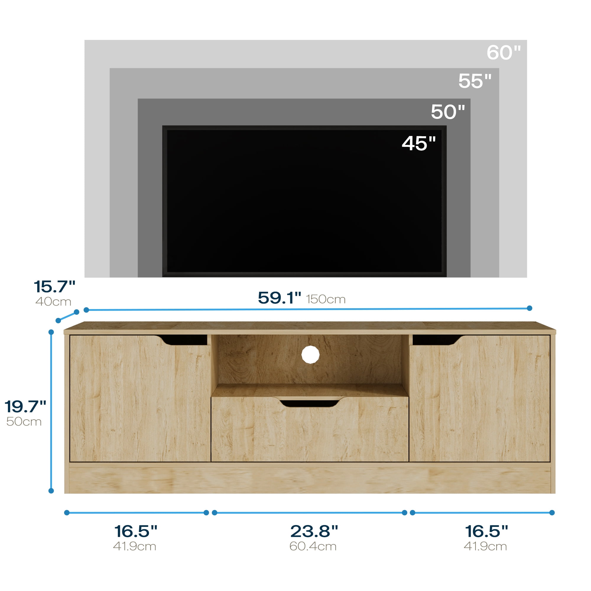 Modern TV Stand for 55/60/65 Inch TV, Media TV Console Table with 2 Doors & Drawer, Entertainment Center with Storage Cabinet for Living Room, Bedroom, Oak