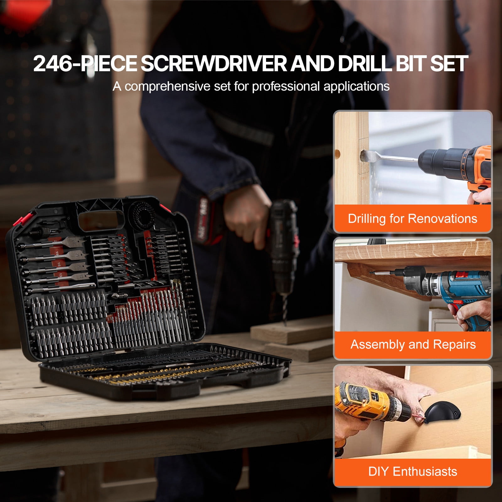 KFFKFF Drill Bit Collection, Comprising 246 Drill and Driver Bits, Screwdriver Bit Assortment Ideal for Drilling in Wood, Metal, Cement and Screw Driving Tasks