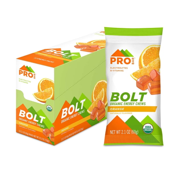 PROBAR - BOLT Gomitas Masticables Energéticas Orgánicas, Naranja, Sin OMG, Sin Gluten, Certificadas Orgánicamente por el USDA, Saludables, Energía Natural, Energía Rápida, con Vitaminas B y C (12 Unid