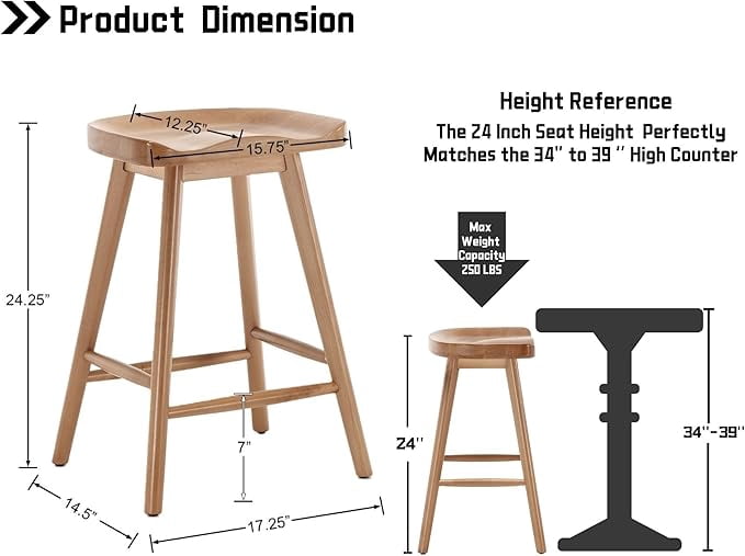 Guyou Backless Counter Stools Set of 2, 24 Inch Rustic Farmhouse Wooden Saddle Stools, Bar Stools for Kitchen Island Bar Bistro, Brown