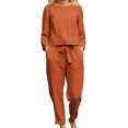 thumbnail image 3 of Conjunto de pantalones largos para mujer Color puro Cuello redondo Manga larga Cintura elástica Conjunto de dos piezas Naranja XL, 3 of 6