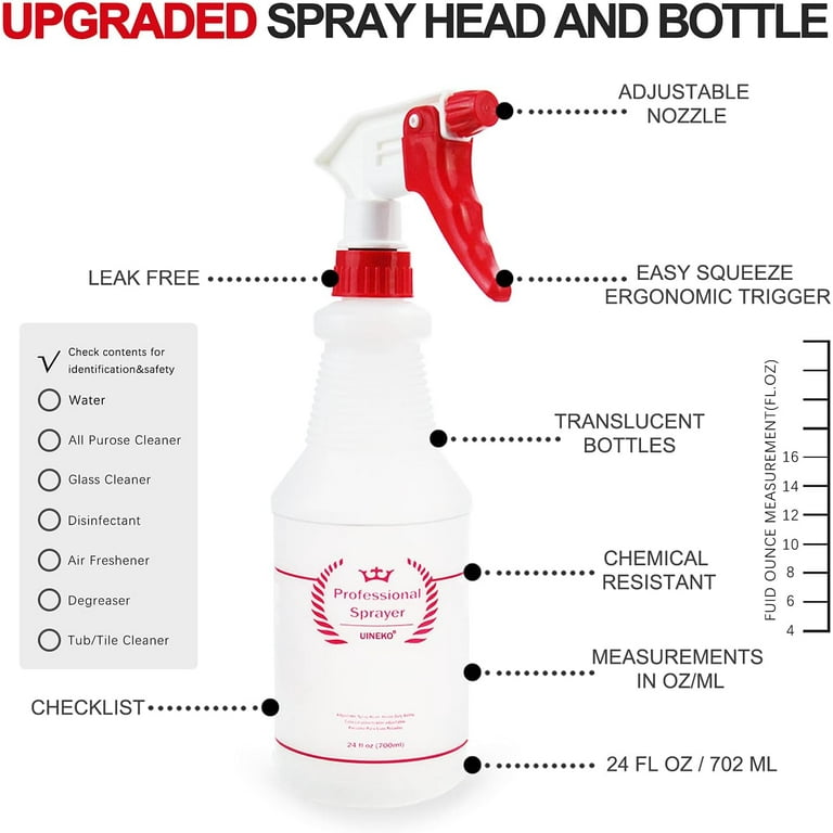Uineko Plastic Spray Bottle (4 Pack, 24 Oz, All-Purpose) Heavy Duty Sp