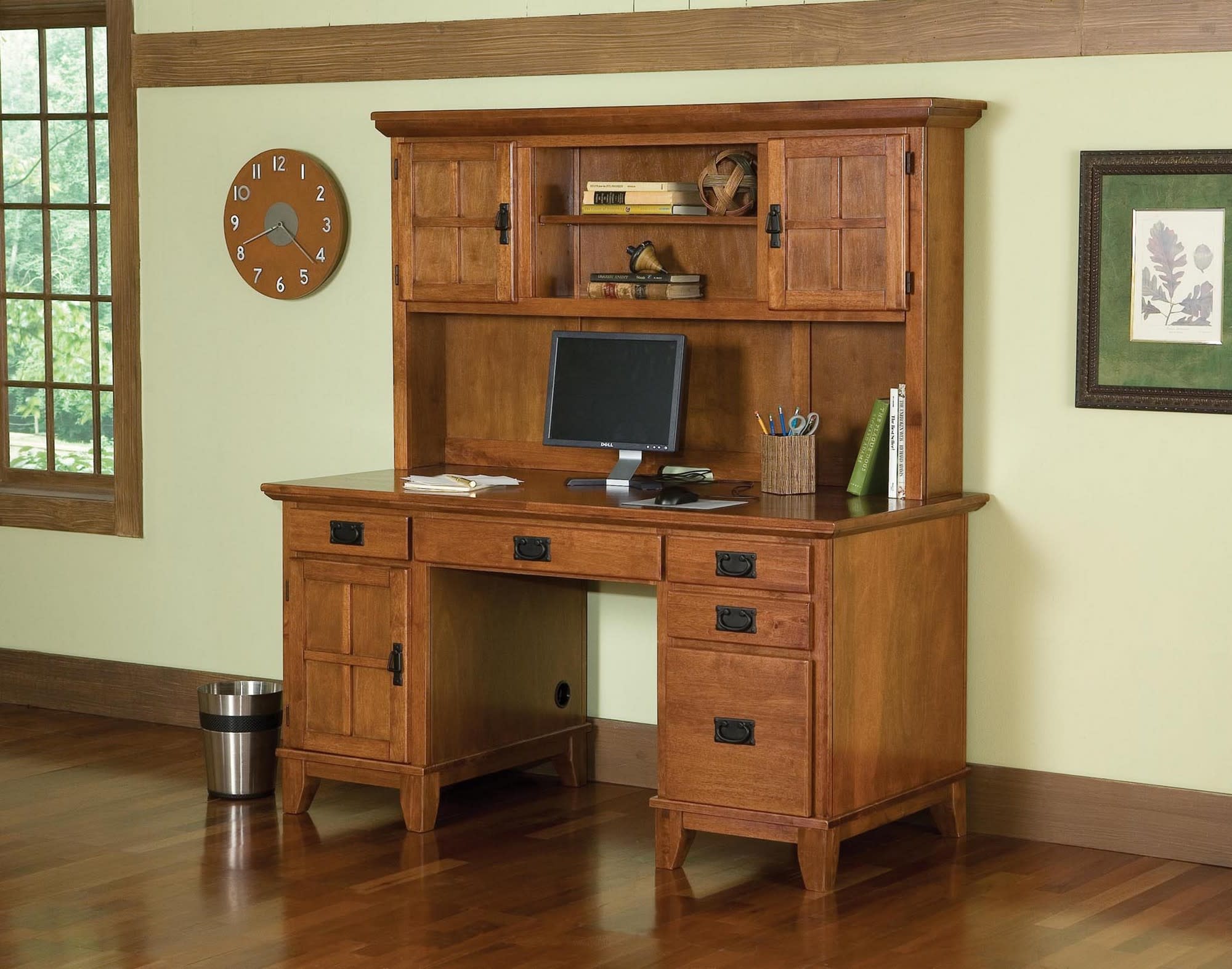 Arts and Crafts Pedestal Desk and Hutch Cottage Oak Finish by Homestyles - image 2 of 2