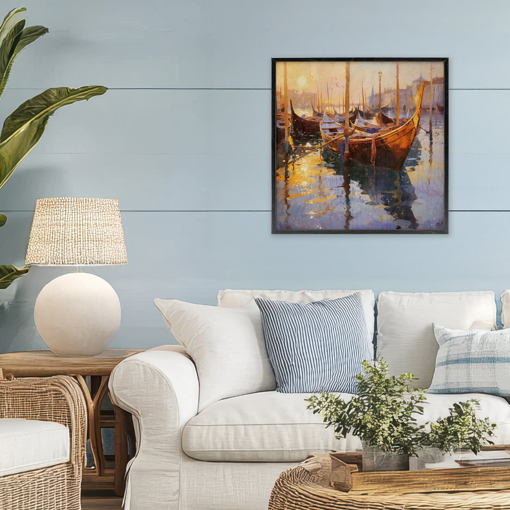 Stupell Industries Venetian Gondolas in Golden Light Black Framed Giclee Art, design by Marta Wiley
