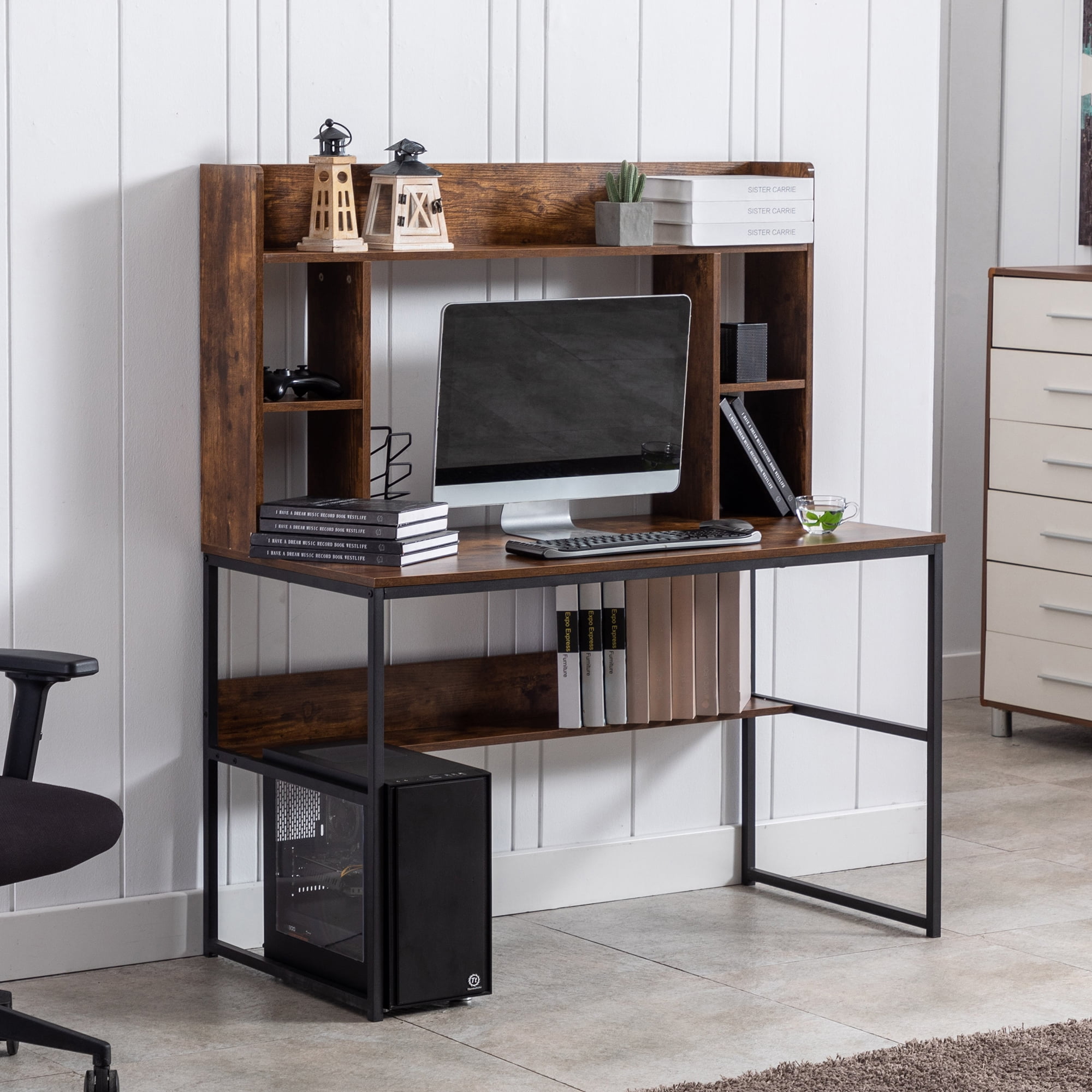 black brown desk with hutch