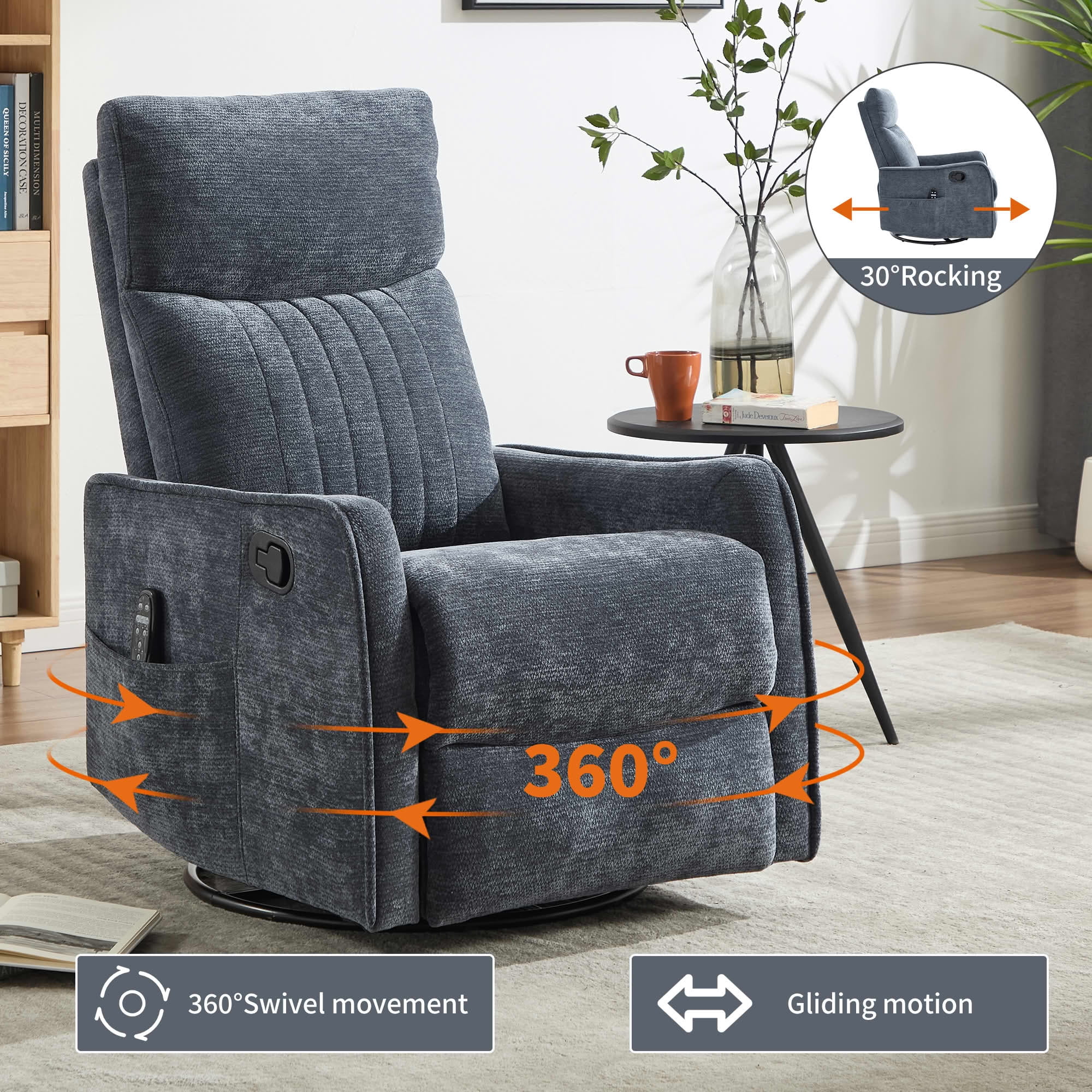 MAYEERTY Blue Chenille Heat Massage Recliner Chair, 360° Swivel Rocker for Living Room, 26x35x39in