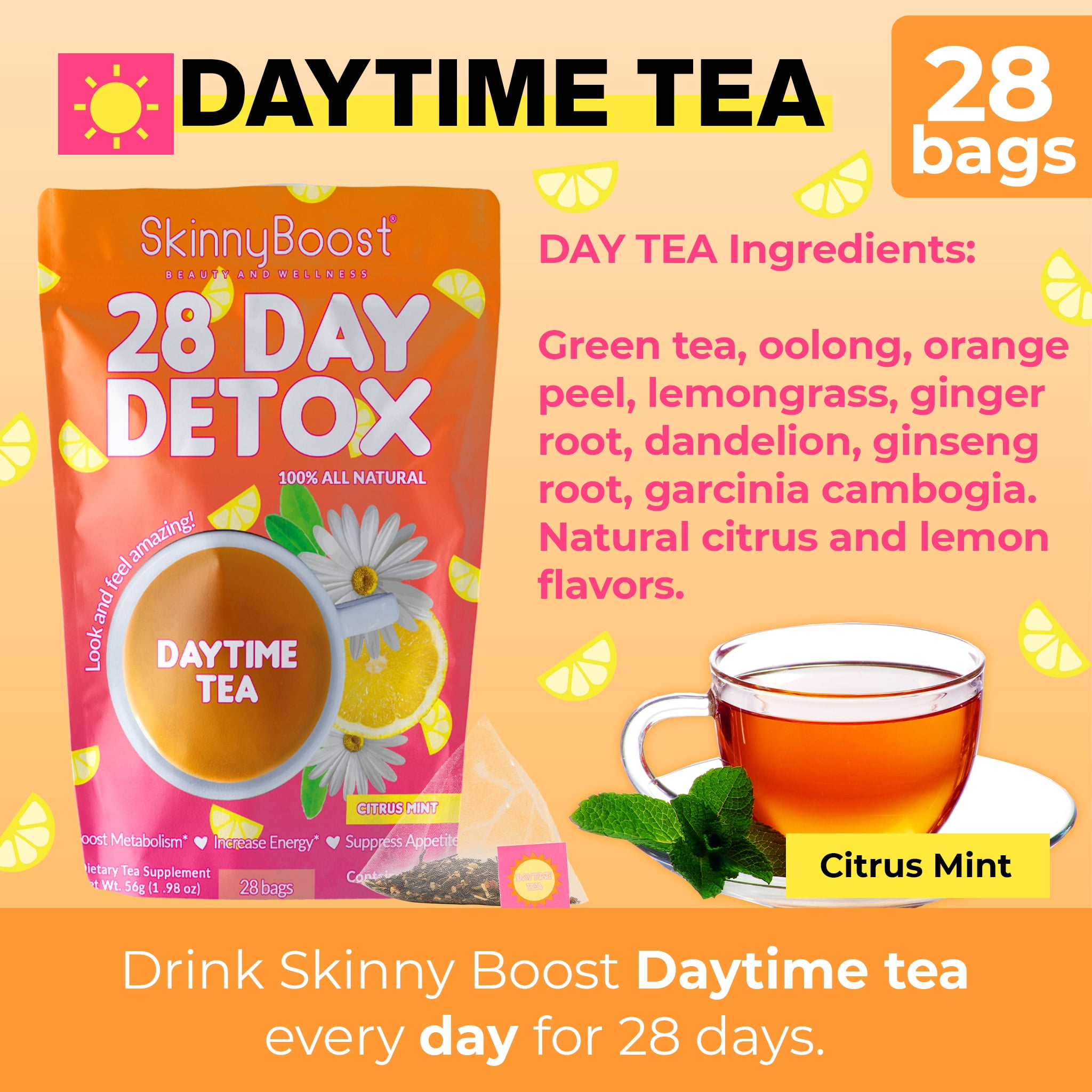 Skinny Boost 28 Day Detox Tea Kit-1 Daytime Tea (28 Bags) 1 Evening Detox Tea (14 Bags) Supports Detox & Cleanse-Non GMO, Vegan, All Natural