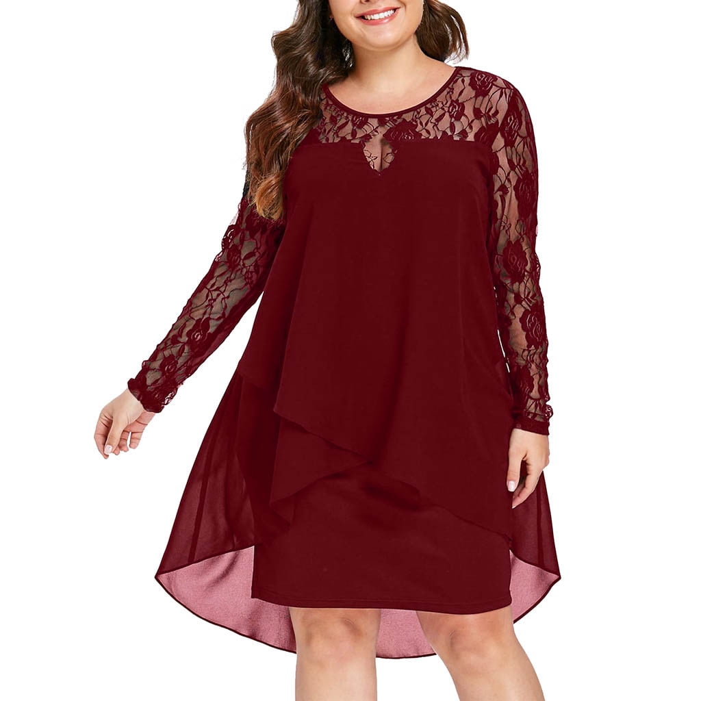 Nadition Fashion Dress for Women Casual Solid Color Plus Size Sheer Lace Sleeve High Low Hem O-Neck Flowy Swing Dress