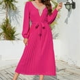 thumbnail image 2 of IROINNID Maxi Dress for Women Strapless V-Neck A-Line Dress V Neck Long Sleeve Solid Pleated Dresses ,Hot Pink, 2 of 9