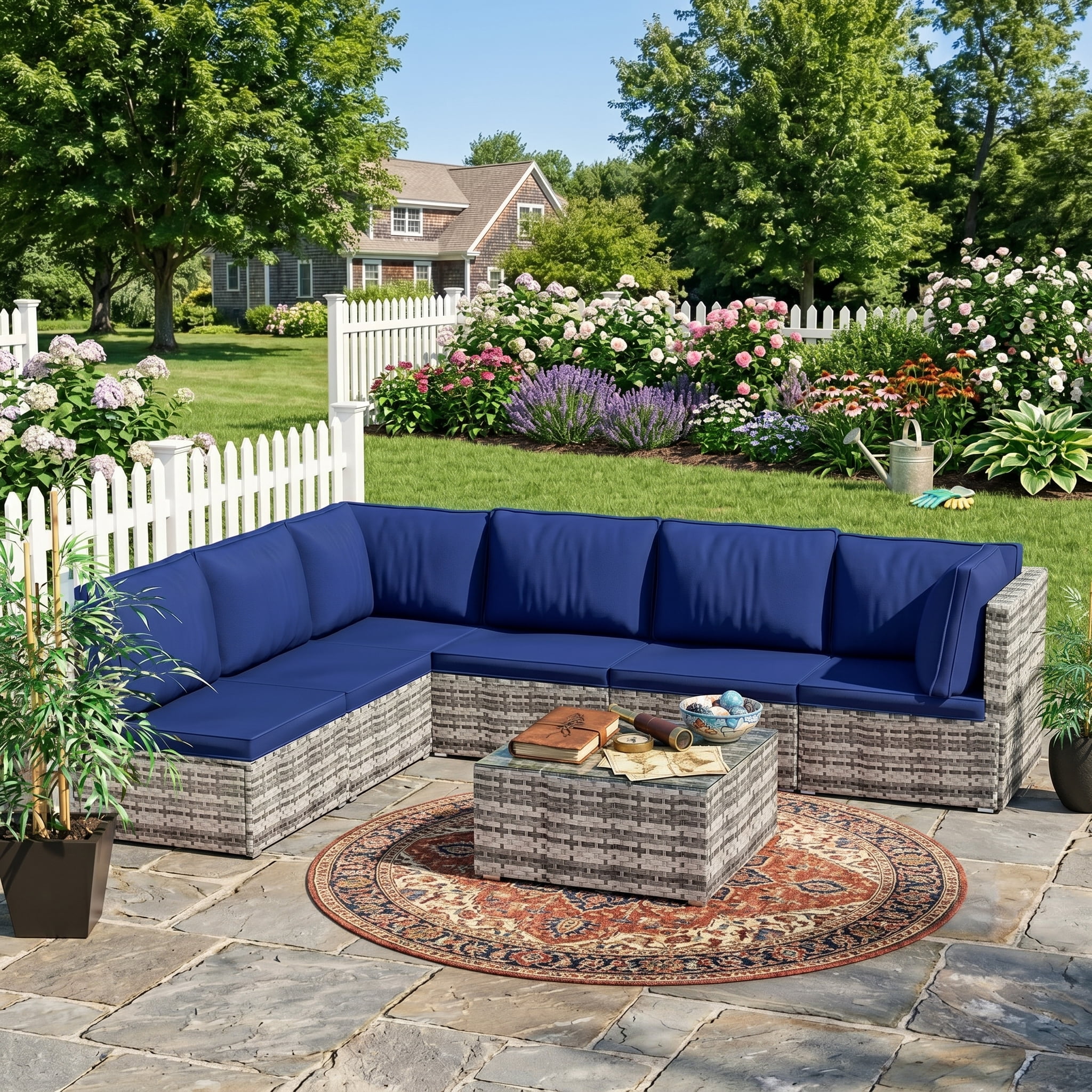 Howcool 7-Piece Modular Outdoor Patio Furniture Set with Cushions and Tempered Glass Table