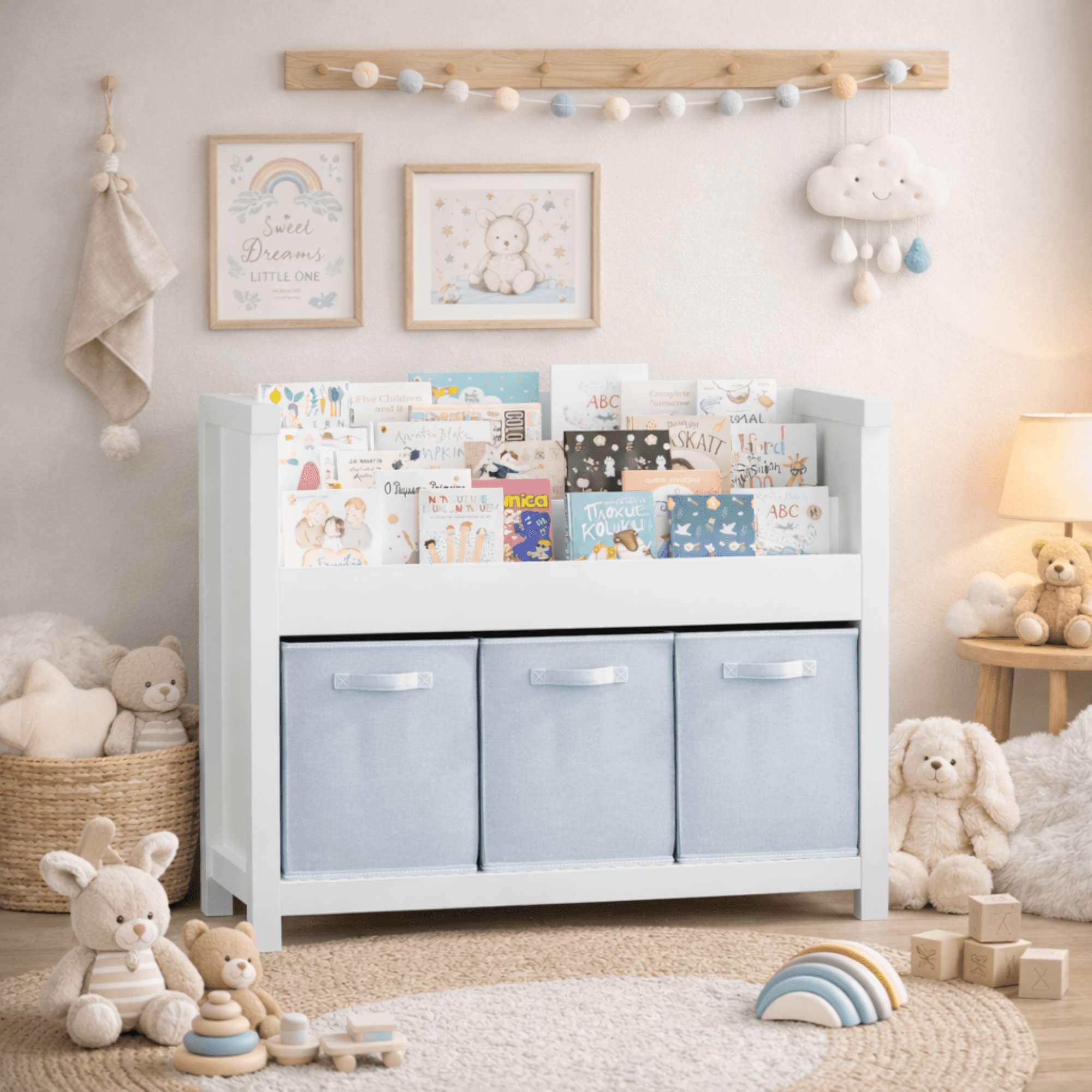 Wooden Kids Bookshelf with 3 Front-Facing Tiers and 3 Fabric Bins, MDF Book Organizer for Books Toys, Storage Bookcase for Playroom Nursery Bedroom