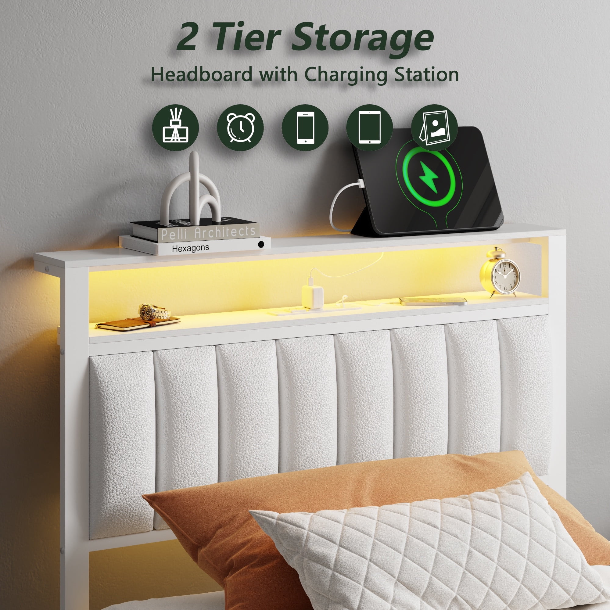 Satifur Twin Bed Frames with LED Lights & Charging Station, Platform Bed with Metal Slats, Headboard with 2-Tier Storage Shelves, No Box Spring Needed, White