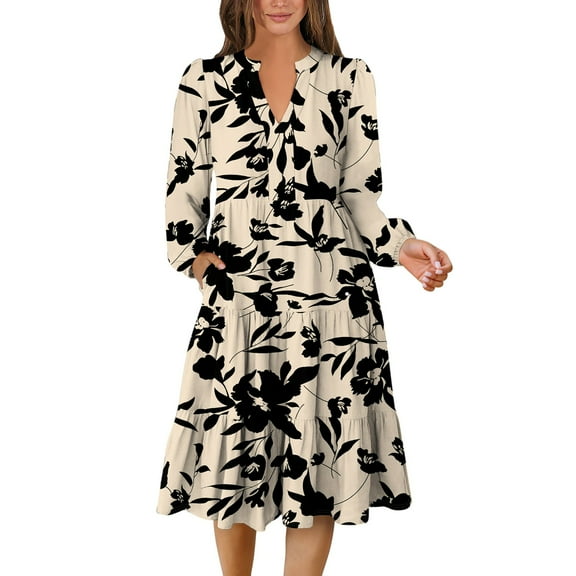 HAJWOH Fall Dresses for Women 2025 Trendy Long Sleeve Tea Party Dresses Soft V-Neck a Line Dresses Beige L