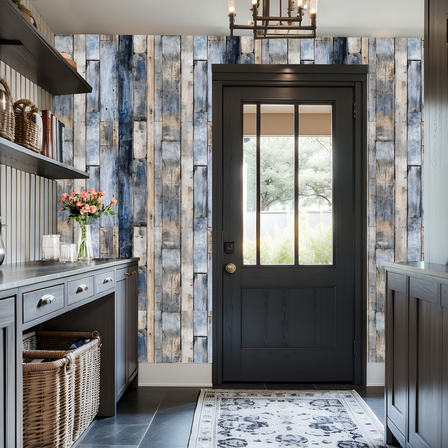 Peel and Stick Wallpaper Rustic Blue Brown Wooden Plank Wall Distressed Texture Wall Mural 17.7in x 9.8ft Self Adhesive Removable Wall Paper Renter Friendly Wallpaper for Nursery Bedroom Cabinets