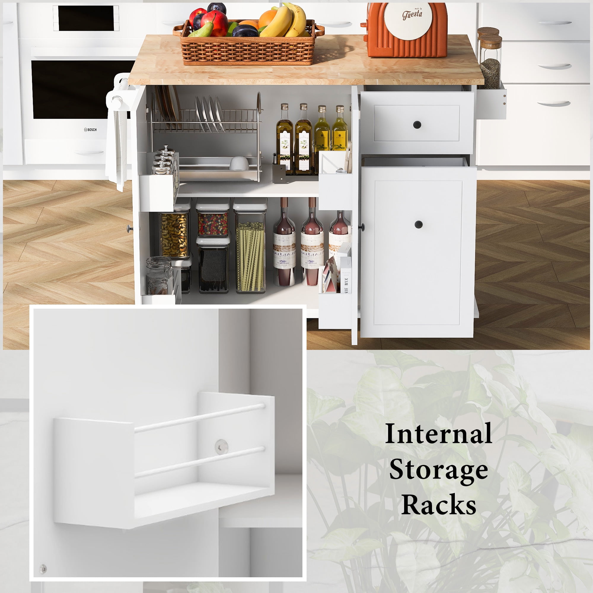 DEALTOPS Kitchen Island with Drop Leaf, 53.9" Rolling Kitchen Cart on Wheels with Storage Rack and Pull Out Cabinet Organizer-White
