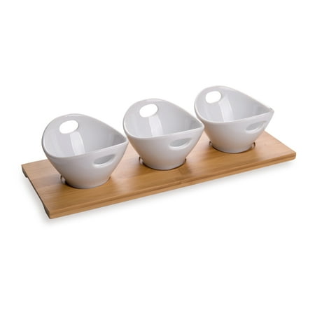 

6 oz Rectangle White Porcelain Basket Bowl Set - 3 Bowls Bamboo Tray - 11 3/4 x 4 1/4 x 2 1/2 - 1 count box