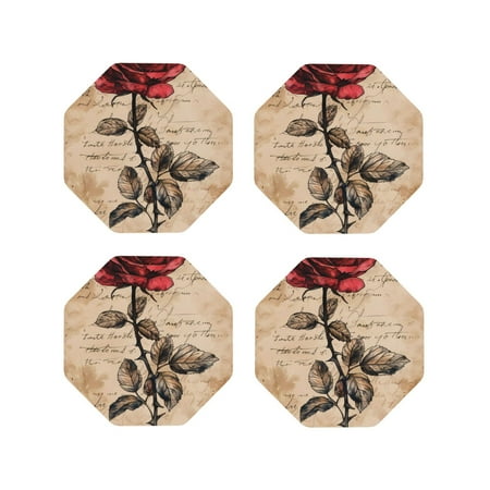

Matuu Vintage Rose Botanical Art for Cup Coasters Set of 4 Leather Coasters Desk Coasters for Office Measures 4” x 4”-Octagon