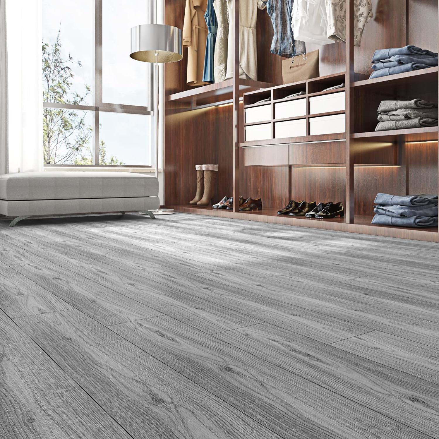 6"x36" Grey Wood Peel and Stick Floor Tile Natural Wood Vinyl Flooring Peel and Stick Vinyl Plank Flooring Waterproof Sticky Floor Tiles for Bathroom Kitchen Bedroom Laminate Floorings 5 Pcs
