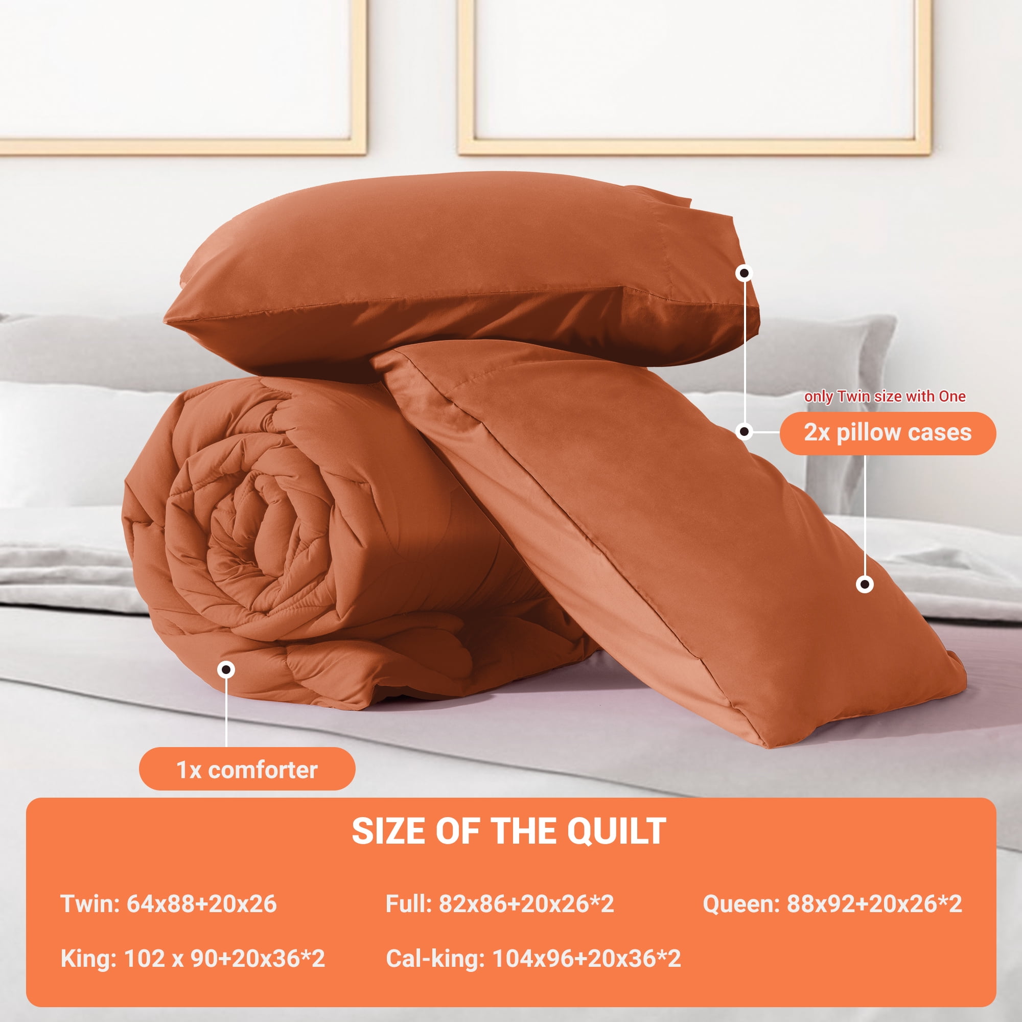 Yalamila Full Size Comforter Set 3-Piece All-Season Down Alternative Reversible Comforter Set,Burnt Orange,200GSM Cooling Quilted Duvet Insert,95 GSM Soft Cover Bed in a Bag