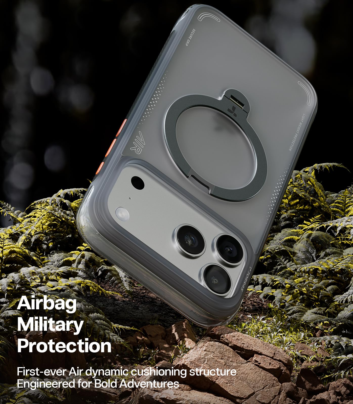 TORRAS Flagship Q3 Air for iPhone 17 Pro Case,Visible Airbag Drop Protection,Hardcore Air Cushion Tech ,Mil-Grade Protection,Fit for MagSafe,360 Rotating Stand Case ,6.3" ,Shadow Black