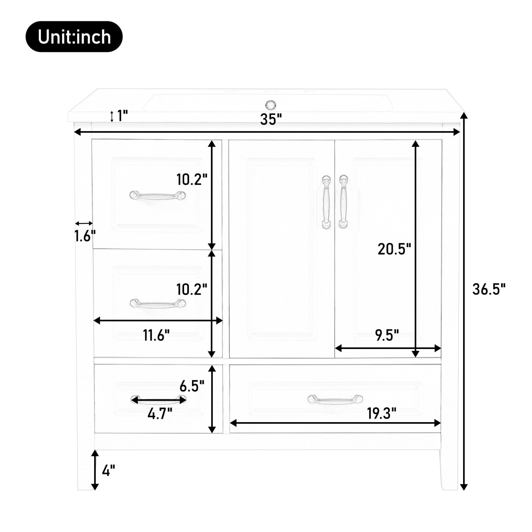 36" Bathroom Vanity with Sink, Modern Bathroom Storage Cabinet with 4 Drawers and 2 Soft-Closing Doors, Freestanding Solid Wood Bathroom Vanities, White