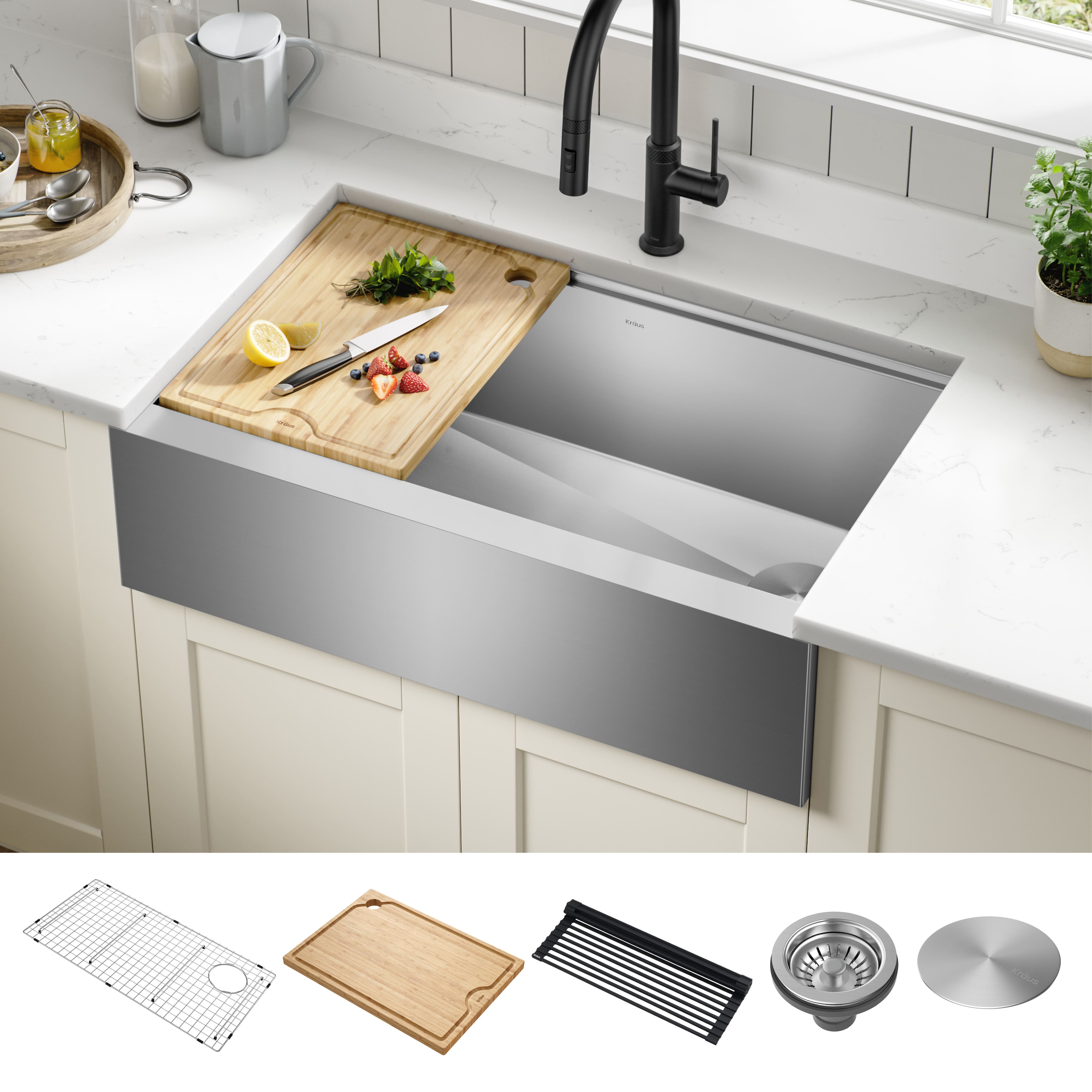 KRAUS Kore Workstation 33-inch Farmhouse Flat Apron Front 16 Gauge Single Bowl Stainless Steel Kitchen Sink with Accessories (Pack of 5) - image 2 of 16