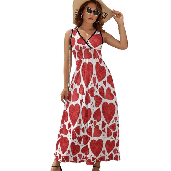 Valentines Day Hand Drawn Red Hearts Sleeveless Dress Dresses Women Summer Evening Dresses Ladies Bohemia Long Dresses