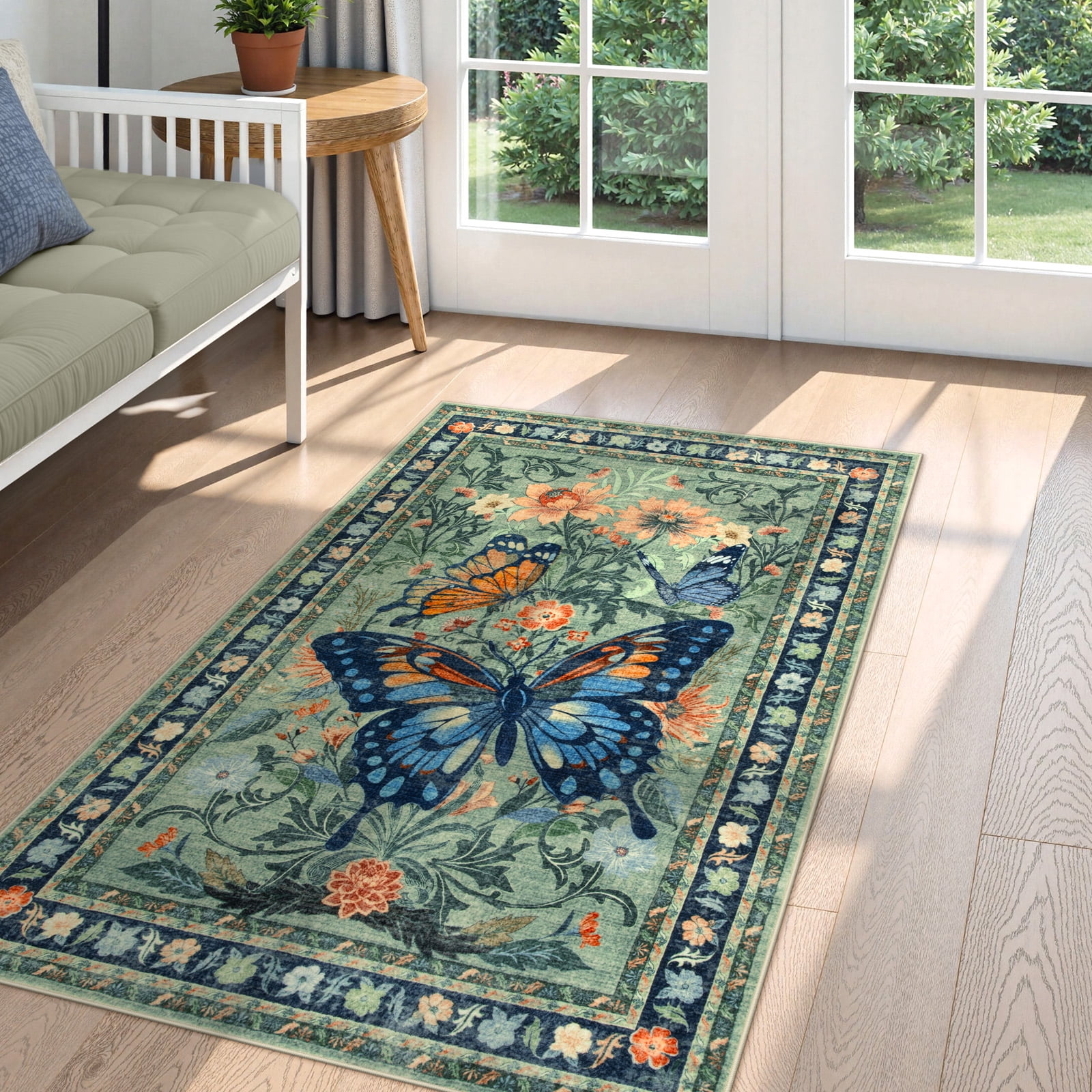Lahome Decor 3'x5' Butterfly Bedroom Rug,Area Rugs 3x5ft Rugs for Entryway. Non-Slip Washable Rugs Stain Resistant Boho Floral Rug Low-Pile Throw Rug for ‎‎Living Room Office,Green