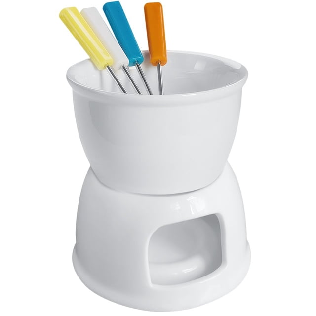 Juego de fondue Tebery con 4 tenedores de colores, olla de porcelana premium con forma de vela de té para fundir queso, chocolate y tapas - Blanco