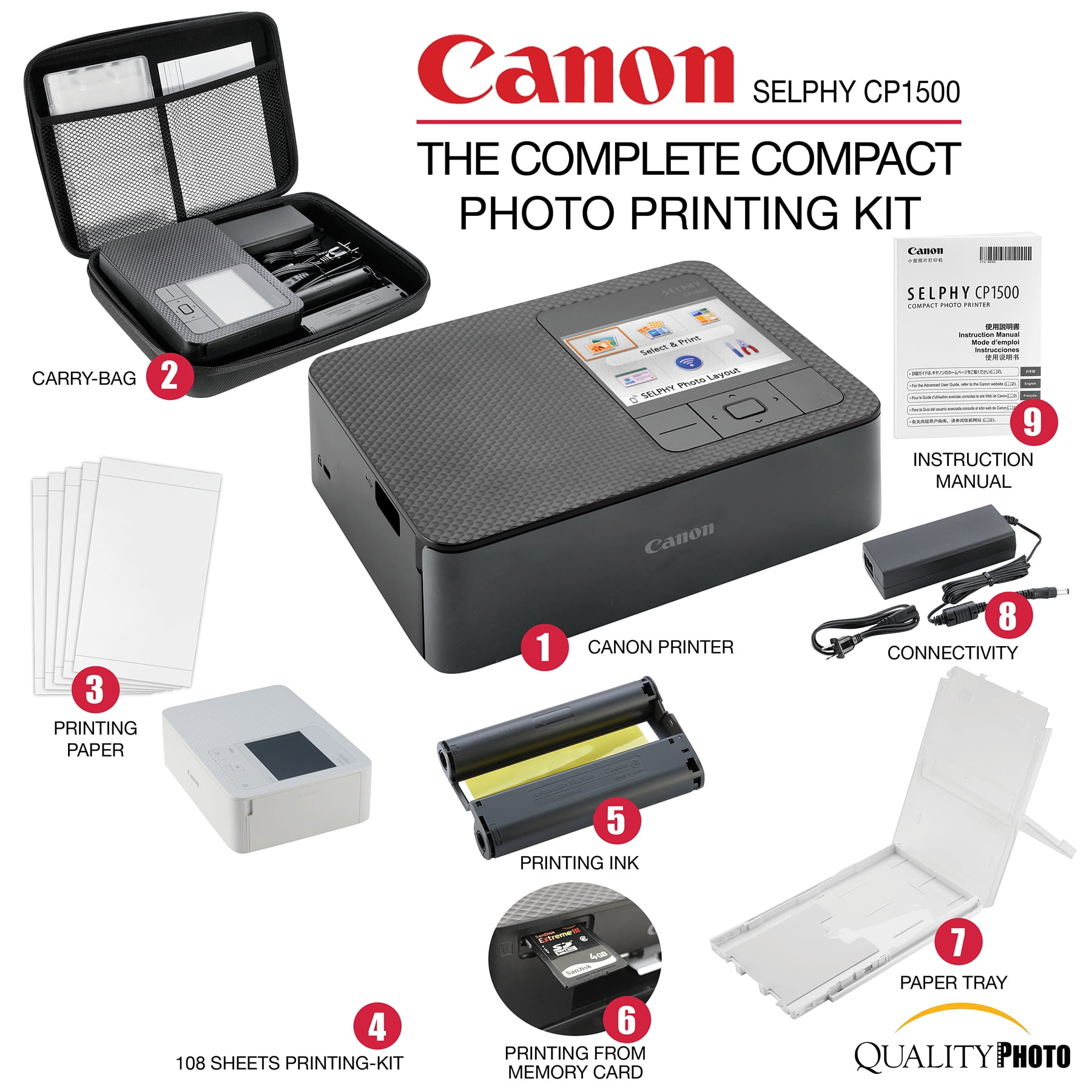 Canon 5539C001 SELPHY CP1500 Wireless Compact Photo Printer, Black Bundle  with Canon SELPHY Color Ink/Label XS-20L Set (20 Sheets + 1 Ink Cassette)