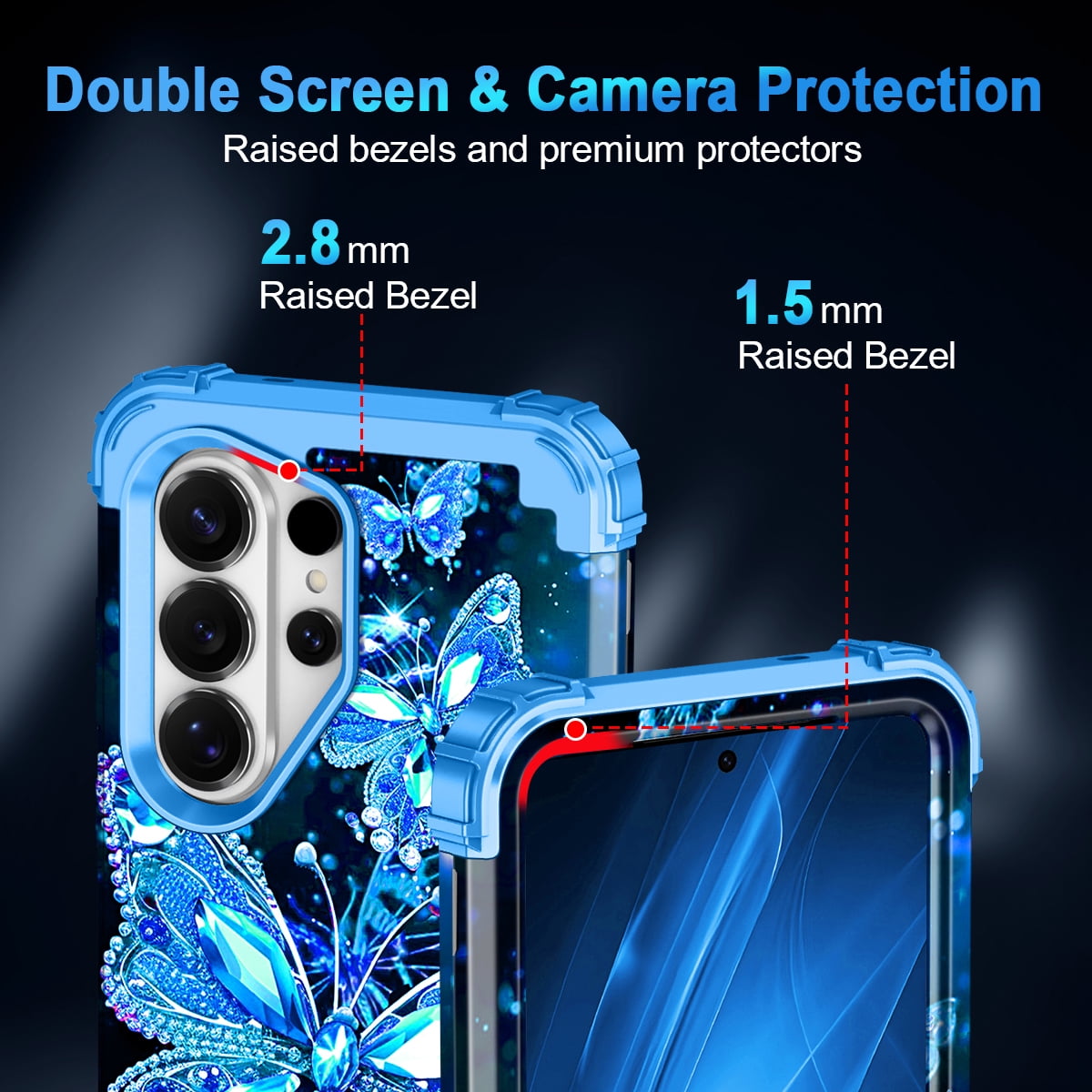 Casetego for Samsung Galaxy S26 Ultra 5G Case,Glow in The Dark Three Layer Heavy Duty Sturdy Shockproof Protection Rugged Hard PC+Soft TPU Bumper Case for Galaxy S26 Ultra,Blue Butterfly