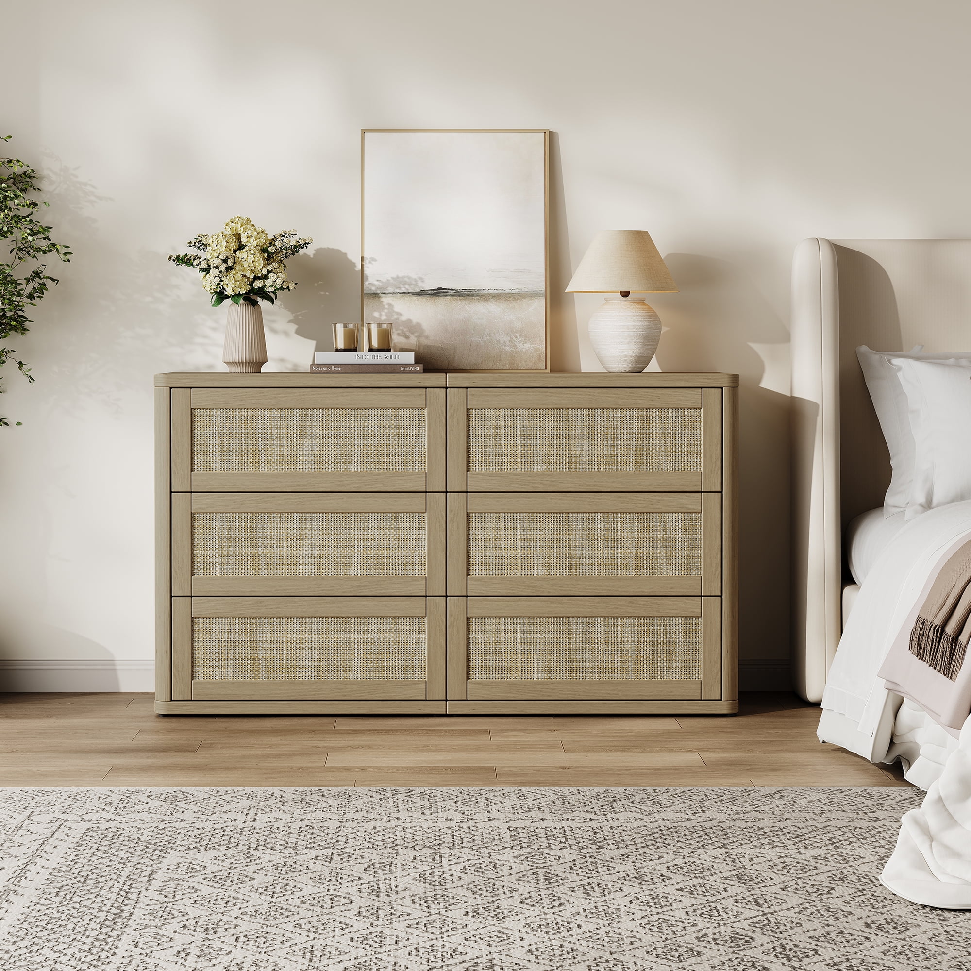 SICOTAS 53.6" Wide 6 Drawer Modular Rattan Dresser for Bedroom, Long Modern Chest of Drawers with Pop-Up Drawers%& Unique Rattan Design, Amber Oak