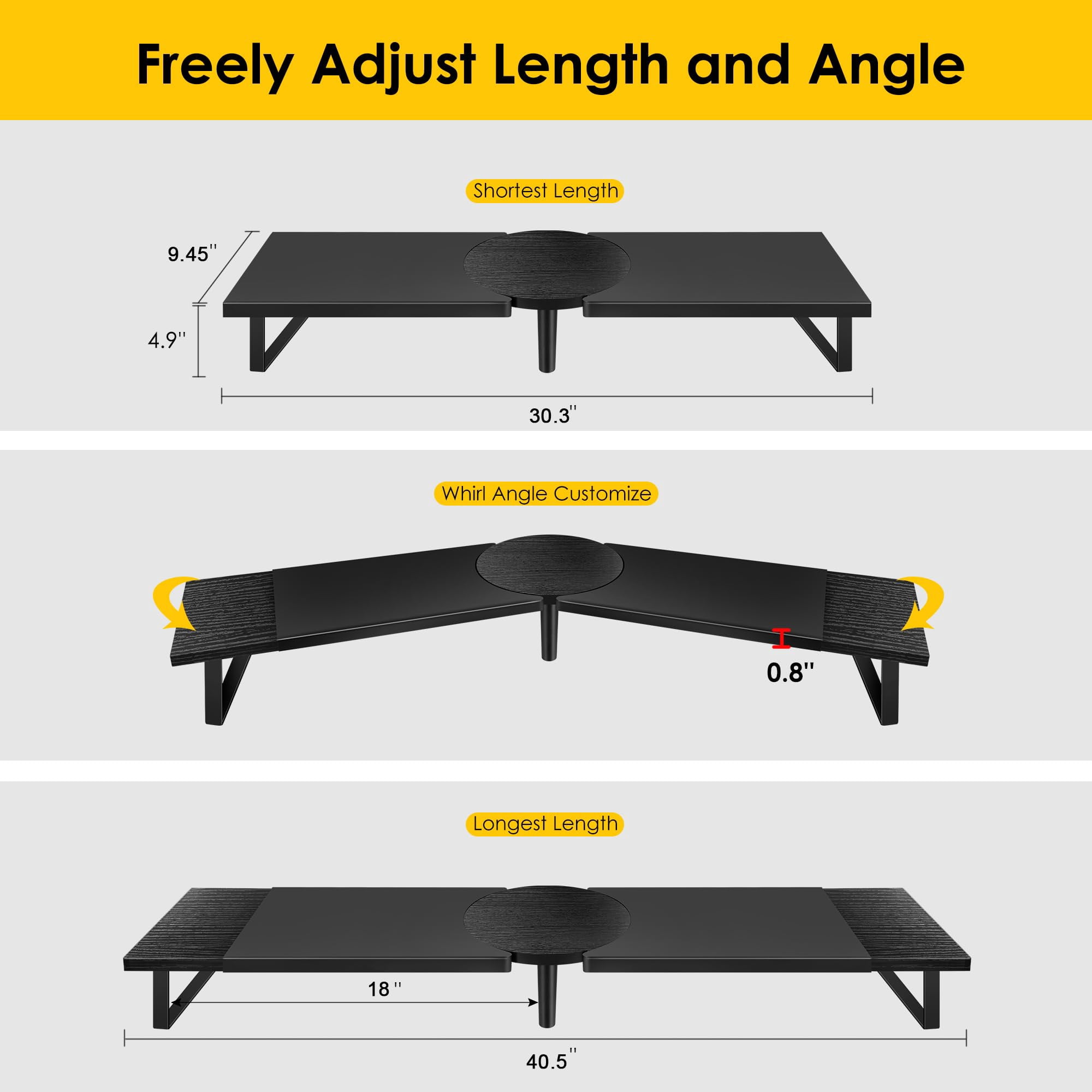 Dual-monitor Stand For Desk - Large Adjustable Length And Angle Riser 2 Monitors  Double Computer Desktop Organizer Shelf Tv Laptop Printer
