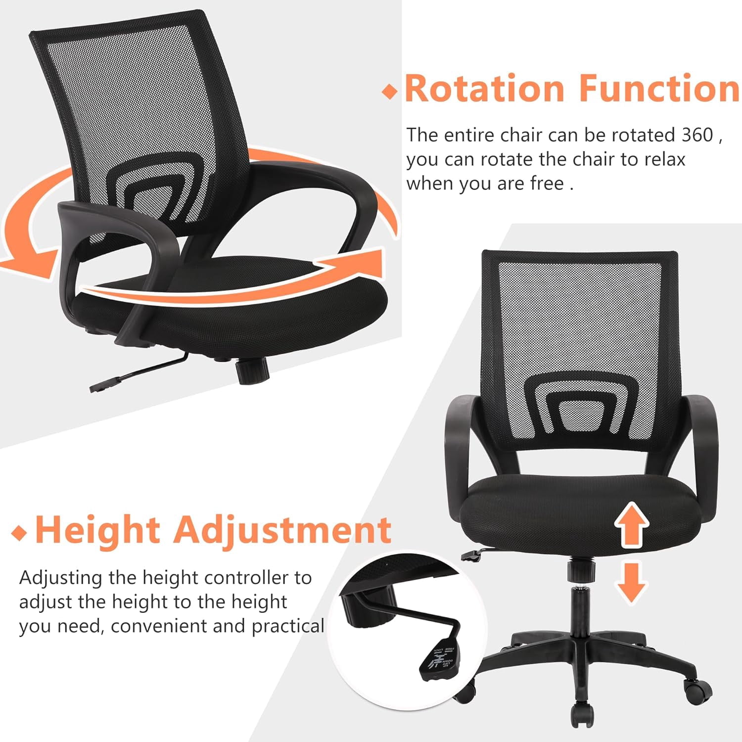 Ergonomic Office Chair Black | Mesh Foam Back with Lumbar Support, Adjustable Height, 360 Swivel, Armrests & High Density Sponge Cushion | Computer Chair For Home, Office | Pack of 2