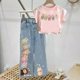 thumbnail image 1 of Conjunto de camiseta y pantalones vaqueros con estampado de dibujos animados, novedad de verano, ropa para niños, pantalones superiores para niña, traje de barbilla continental, 1 of 5