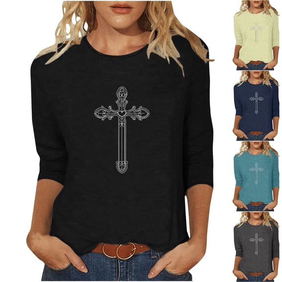 FRSASU Womens Tops 3/4 Sleeve Shirts Round Neck Loose Casual Blouses Solid Color Tshirts Navy