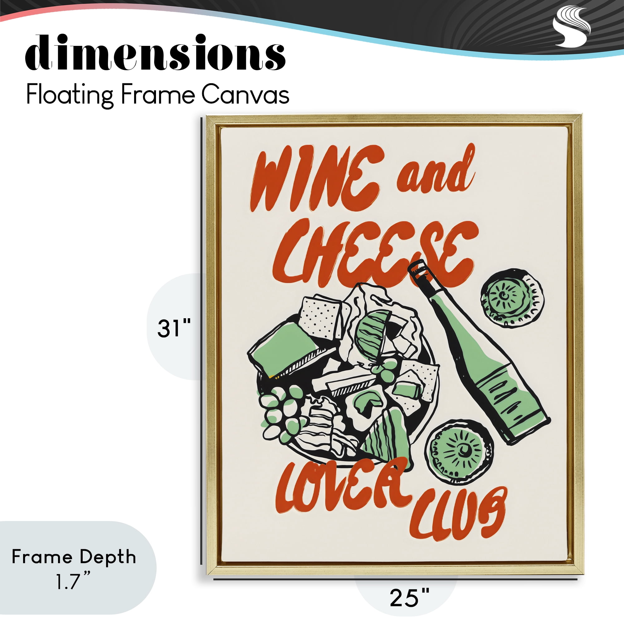 Stupell Industries Wine & Cheese Lover Club Gold Framed Floater Canvas Wall Art, design by The Prints Vibe