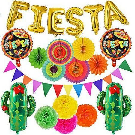 21 PCS Fiesta Party Decoration Mexican Party Decoration Fiesta and Cactus Balloons Paper Fan Pompoms Triangle Bunting Banner for Fiesta Mexican Cinco De Mayo Party