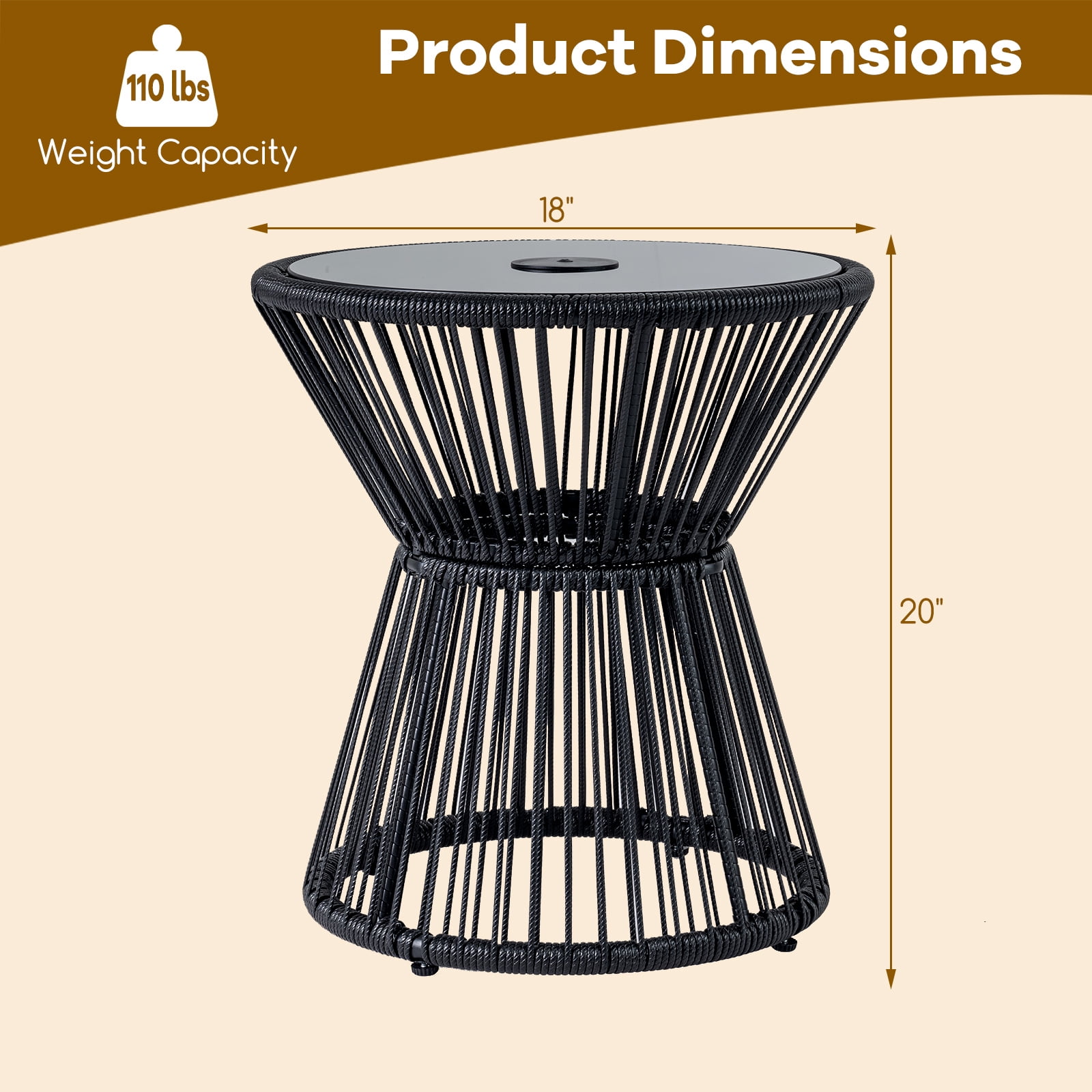 Gymax Outdoor Side Table w/ LED Warm Light PE Rattan Hourglass-Shaped End Table
